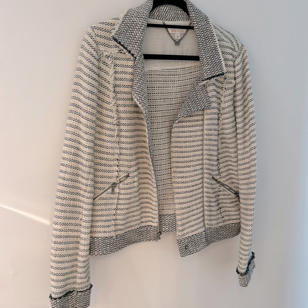 Ella Moss black and white striped tweed zip jacket size L